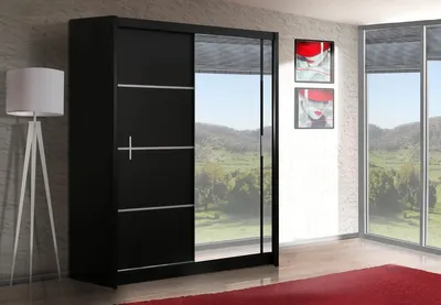 Produktbild von Kleiderschrank Vista mit Spiegel 150 cm, Schwebetürenschrank, Garderobeschrank Schlafzimmer; Wohnzimmerschrank; Korpus Schrank Farbe: Schwarz; Farbe der Schrankfront: Schwarz