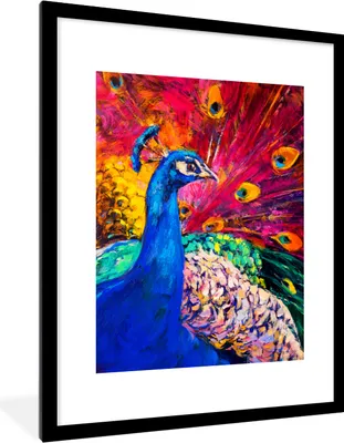Produktbild von MuchoWow® Gerahmtes Poster Gemälde - Vogel - Pfau - Ölgemälde 60x80 cm - Poster mit Schwarzem Bilderrahmen Wandposter Rahmen Foto Bilder - Wohnzimmer - Dekorationen - Prämie