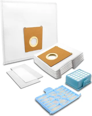 A collection of vacuum cleaner bags and filters arranged on a white background.