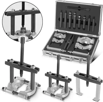 A set of bearing pullers and their case are displayed against a white background.