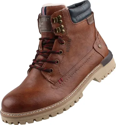 A single brown leather boot is shown against a white background.