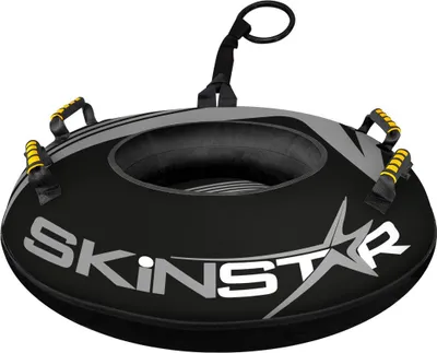 A black and gray snow tube with yellow handles and a tow rope, shown from a slightly elevated angle against a white background.