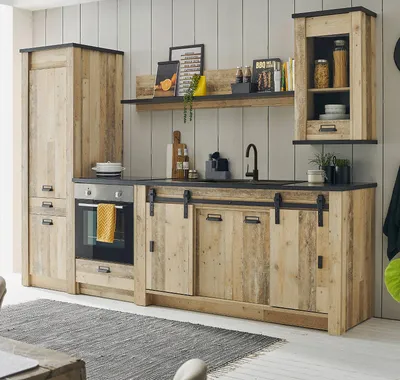 Produktbild von Küche "Stove" in Used Wood hell und anthrazit Küchenschrank Set 5-teilig 284 x 201 cm inklusive Beleuchtung