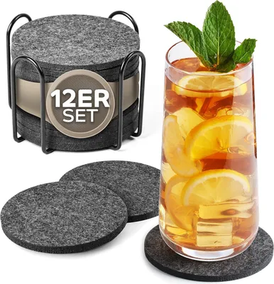 Produktbild von Loco Bird Untersetzer Gläser 12 Stück - runde Filzuntersetzer in Dunkelgrau – Glasuntersetzer Ink. Box – Tisch Untersetzer-Set – Getränkeuntersetzer – Coasters für stilvolle Dekoration