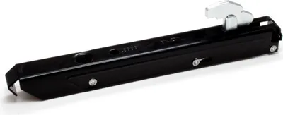 A black metal oven hinge with silver metal components, isolated on a white background.