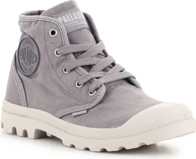 A single gray Palladium boot is shown against a white background.
