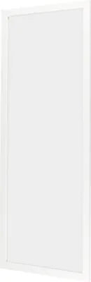 A plain white background with a white framed mirror.