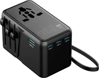 Obrázek produktu pro GaN univerzální cestovní adaptér PD140W 4portová USB nabíječka 3×USB-C + USB-A rychlonabíječka EU/US/UK/AU zásuvkový adaptér s kabelem