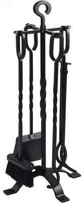 Immagine prodotto di Set di accessori per camino, 5 pezzi, 66 cm, in ferro battuto nero, composto da: supporto per camino, paletta, pinza, spazzola e gancio per la legna