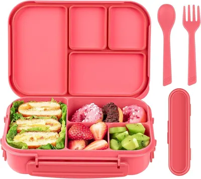 Produktbild von Amathley Rosa Beere Brotdose Kinder Bento Lunchbox 1200ml 4 Fächer Besteck