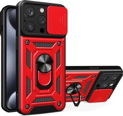 Produktbild von iPhone 15 Pro Max Hülle mit Magnetische Ring Ständer Halter Dia Kameraschutz TPU Bumper Silikon Schutzhülle für iPhone 15 Pro Max Rot