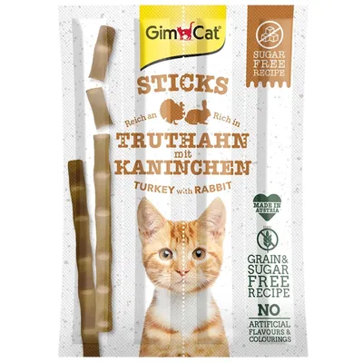 Imagen del producto de Gimcat Sticks, 95% carne: salchichas con vitaminas y taurina, elaboradas con pavo y conejo. Pack de 4 unidades