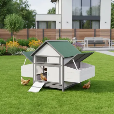 A chicken coop is set up on a green lawn in front of a modern house and garden.