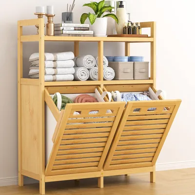 Image de Armoire de salle de bain avec panier à linge, armoire de salle de bain en bambou avec 2 sacs à linge, et 2 étagères