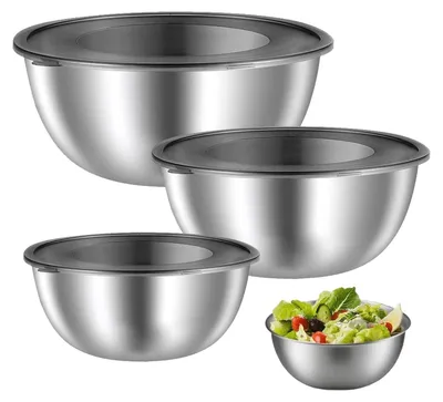 Produktbild von Edelstahl Schüssel 3er-Set mit Transparenten Luftdichten Deckel (2.1L+1.2L+0.7L) Rührschüssel Salatschüssel Set, Stapelbar & Spülmaschinenfest für Küche, Backen, Aufbewahrung