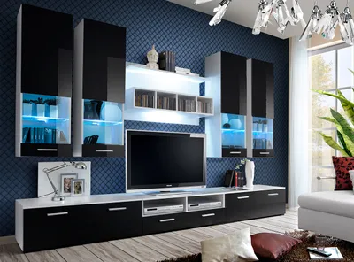 Produktbild von Wohnwand Anbauwand Wohnzimmer Schrankwand DORADE mit Hochglanz LED Beleuchtung