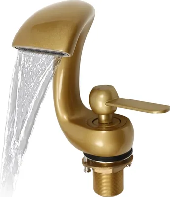 A close-up shot of a gold-colored faucet with water flowing out.