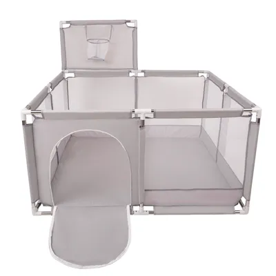 A grey playpen with a basketball hoop attachment is shown from a slightly elevated angle against a white background.