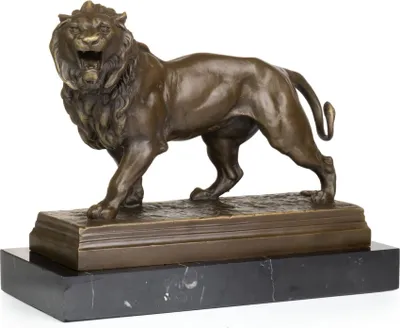 Image de Sculpture en bronze Lion debout en bronze sur socle en marbre avec feutre H 20,2 cm Figurine animalière plastique comme objet d'art pour l'intérieur