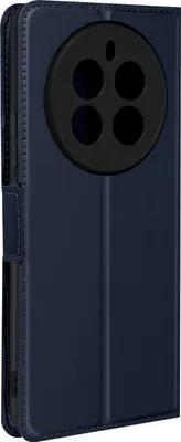 A dark blue flip case for a smartphone is shown from a diagonal angle, with the camera module area visible.