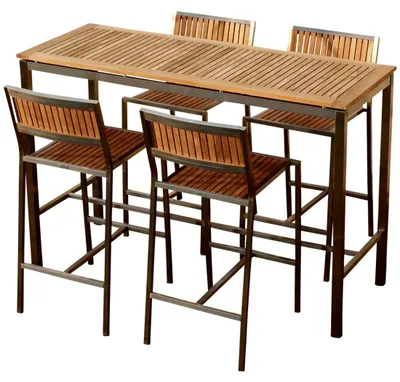 Produktbild von ALEOS. Bar Set aus Edelstahl und Teak Holz Bartisch Bistrotisch 160x60cm mit 4x Barhocker Gastroqualität Modell Mexiko A-Grade Teakholz