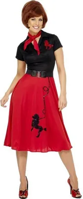 Produktbild von Stil der 50er Jahre Pudel-Kostüm, rot, mit Kleid, Schal und Gürtel, Größe:L