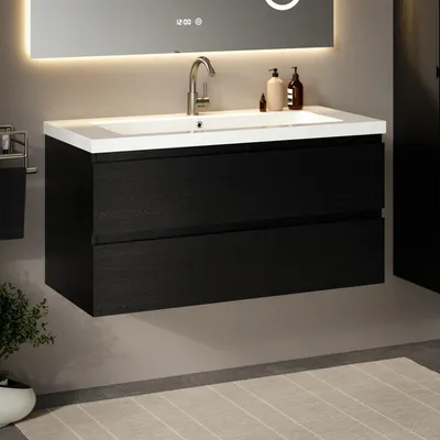 Produktbild von Mirlux Badezimmermöbel-Set Schwarz 100 cm – Weißes Waschbecken – Badezimmermöbel-Set – Waschtisch aus Schwarz