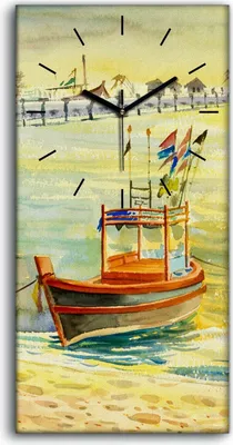 Produktbild von Dekor Leinwand Uhr Wandbilder Quarz 30x60 Strandsegel Boots Brücke Meer - schwarze Hände