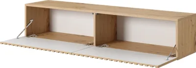 A wall-mounted TV cabinet with two open compartments and two drop-down doors.