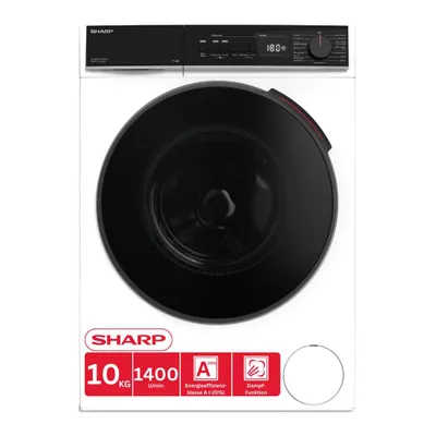 A front-facing studio shot of a white Sharp washing machine with a black door and control panel.