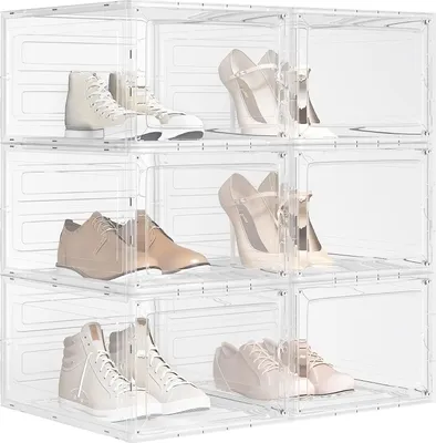 Produktbild von WOLTU Schuhboxen, 6er Set stapelbare Schuhbox, Schuhkasten, mit magnetischer Tür, transparente Box für Schuhe bis Größe 46 Sportschuhe High Heel Spielzeug, aus Kunststoff