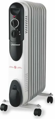A white and gray oil-filled electric heater with black controls and wheels, shown on a white background.