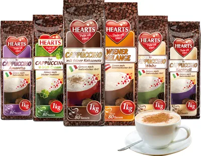 Produktbild von HEARTS Cappuccino Mix, 6er Probierpaket á 1kg (Wiener Melange, Irish Cream, Amaretto, Karamell, White & mit feiner Kakaonote) Familienpackung