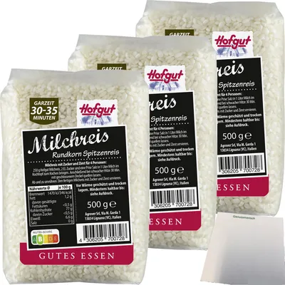 Produktbild von Hofgut Milchreis Rundkorn 3er Pack (3x500g Packung) + usy Block