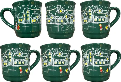 Produktbild von 6x Glühweinbecher „Winterlandschaft“ grün 0,2 L – Steinzeug, geeicht, Weihnachten