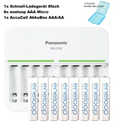 Produktbild von Panasonic eneloop bk-4mcc 8 Stück AAA Micro Akkus, 8fach eneloop Standard Schnell-Ladegerät und AccuCell Akkubox AAA/AA