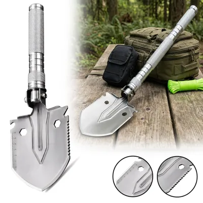 Image de Pelle multifonction UISEBRT, pelle pliante, pelle de survie en acier inoxydable pour le plein air et le camping, avec boussole, échelle graduée, scie, pioche, pour le jardin, la voiture et les situations d'urgence