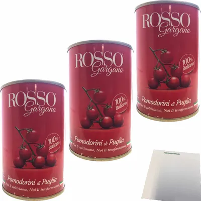 Produktbild von Rosso Gargano Pomodorini di Puglia Kirschtomaten 3er Pack (3x400g Dose) + usy Block