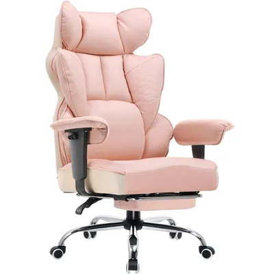 A pink ergonomic office chair with a headrest and armrests, shown from a three-quarter angle against a white background.
