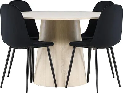 Image de Lanzo ensemble pour salle à manger table Ø120cm et 4 chaises velours whitewash.