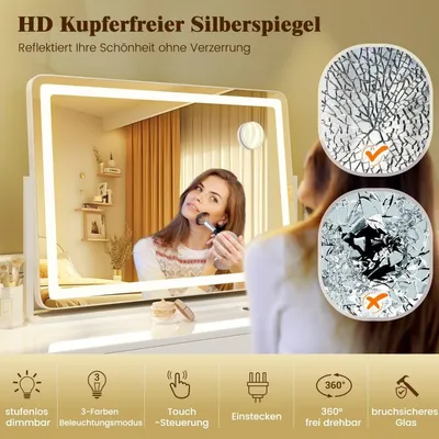 Obrázok produktu pre Make-up zrkadlo s osvetlením, veľké kozmetické zrkadlo s 10x zväčšením, biela