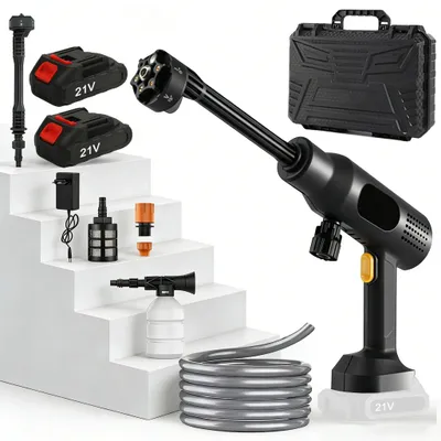 Produktbild von Tragbarer kabelloser Hochdruckreiniger - Handliche Autowaschpistole - 2x Lithium-Akkus - 6-in-1 Düse - Mit Schlauch - Wiederaufladbar