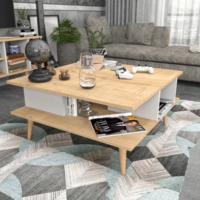 Produktbild von Skye Decor, Akya - Oak, White, Couchtisch, Eiche, 100 % MELAMINBESCHICHTETE SPANPLATTEN, 89 x 89 x 44 cm