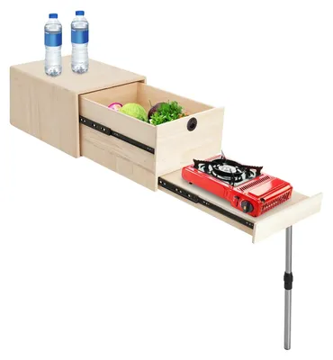 Imagen del producto de Mesa de camping - Mesa para acampar - Mesa de picnic - Mesa para exteriores - Superficie de almacenamiento - Patas ajustables - Tablero de madera