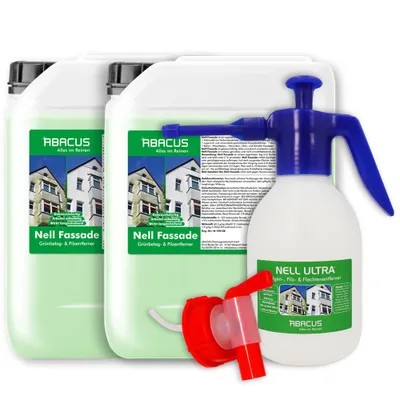 Produktbild von ABACUS® Fassadenreiniger, Grünbelagentferner für Fassaden, Putz & Hauswände Entfernt selbsttätig 2 x 5L Nell Fassade mit AH und 1,8L Sprühflasche