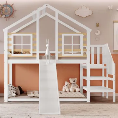 Produktbild von Holz-Etagenbett mit Rutsche, Treppe und Geländer, Fensterdesign, kindersicher mit Absturzsicherung, inkl. Leiter, Weiß, 90x200 cm