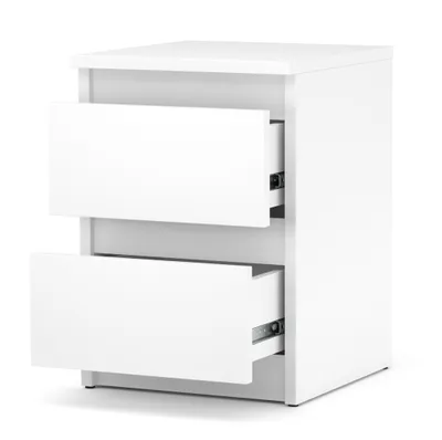 A white nightstand with two drawers is shown against a white background.