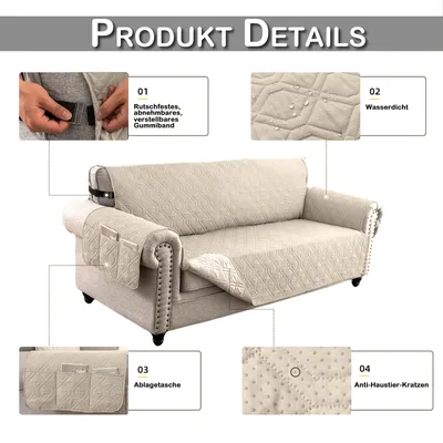 Produktbild von Sofa Bezug Wasserdicht 1/2/3-Sitzer Rutschfest Seitentaschen Band Silikonpunkt, Sofa Überzug Kratzfest,Sofaschoner Geometrisch (Khaki,2-Sitzer)