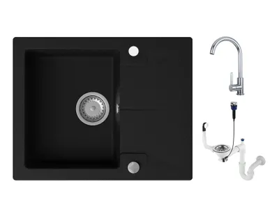 Produktbild von Granmaster Caro Granitspüle mit Armatur 1 Becken mit Siphon in 3 Farben - Spülbecken Arbeitsplatte Küche Waschbecken mit Wasserhahn, Schwarz Metallic