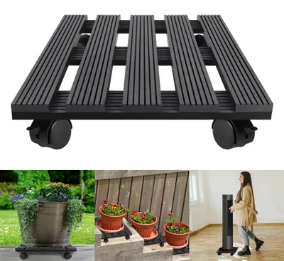 Image de UISEBRT WPC Chariot à plantes carré 30 x 30 cm, charge max. 100 kg, pour l'extérieur et l'intérieur, chariot à fleurs, soucoupe pour pot de fleurs avec roulettes, résistant aux intempéries, anthracite